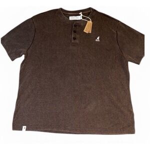 Kangol Henley Shirt Mens 2XL Brown Short Sleeve Waffle Knit Logo Casual NWT